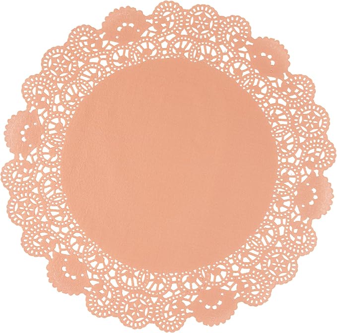 Pastry Tek 12 x 12 Inch Paper Lace Doilies, 100 Disposable Table Doilies - Elegant Lace Finish, Long Lasting, Coral Paper Doily, for Pastries, Cupcakes, Desserts - Restaurantware