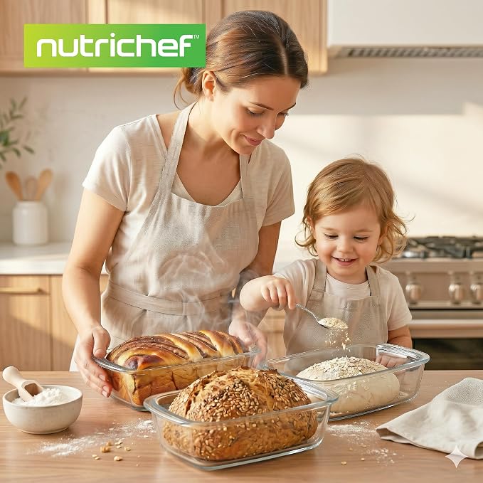 NutriChef 6 Piece Glass Loaf Pans for Baking Bread - 7.6 Cups Stackable Glass Bread Loaf Pan - 3 loaf Pan with 3 Lids - Oven & Microwave Safe, Dishwasher Safe - Clear