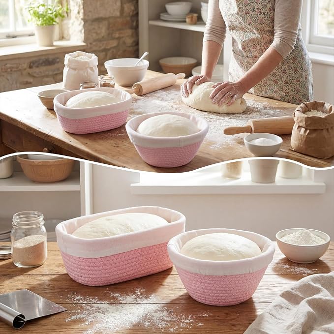 2 Pcs Cotton Rope Banneton Bread Proofing Basket Set 9 Inch Round and 10 Inch Oval Banneton Basket Sourdough Bread with Liners Covers for Baking Supplies (Pink)