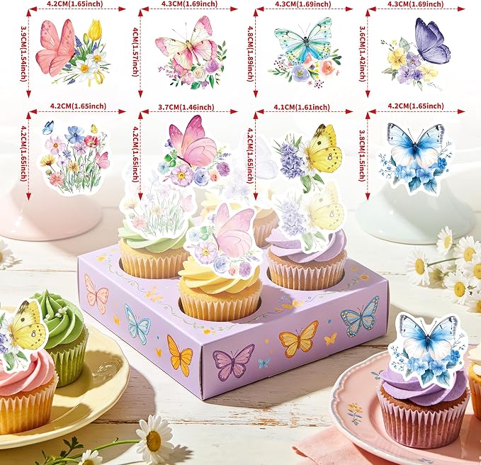 72Pcs Edible Butterfly Flower Cupcake Toppers Wildflower Cupcake Toppers Baby Shower Girl Butterfly Flower Floral Birthday Party Decoration Supplies