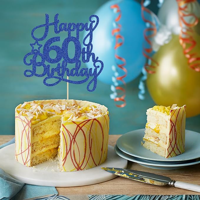 1 Pack Happy 60th Birthday Cake Topper Blue Glitter 60 & Fabulous Cheers to 60 Years Old 60th Birthday Cake Pick for Celebrating 60th Birthday Anniversary Party Cake Decorations Supplies