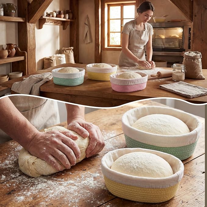 4 Pcs 10 Inch Bread Proofing Basket Set Cotton Rope Oval Banneton Basket Sourdough Bread with Liners Covers for Baking Supplies (Rich Color)