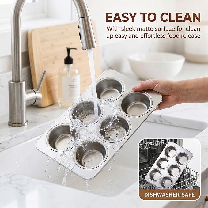 LIANYU 6 Cup Muffin Cupcake Pan, Stainless Steel Muffin Tin Mold for Baking Cup Cake, Brownie, Regular Size Metal Muffin Baking Tray, Oven & Dishwasher Safe