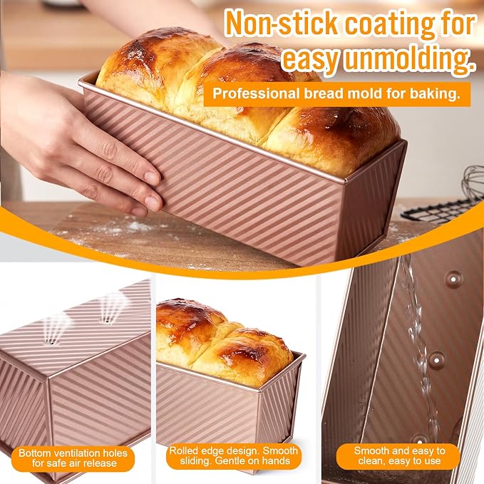2 Pack Pullman Loaf Pan with Lid and a Silicone Spatula and Basting Pastry Brush, 2.2 LB & 1 LB Dough Capacity, Non-Stick Carbon Steel Bread Pans, Corrugated Toast Mold for Bakeware Toast Oven Baking