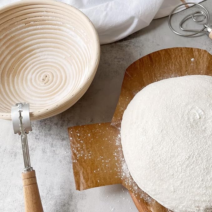 Dimpola Banneton Bread Proofing Basket Banneton Basket Set Sourdough Proofing Basket Round Proofing Bowls Handmade Rattan Baskets and Liners (Oval & Round Baking Set)
