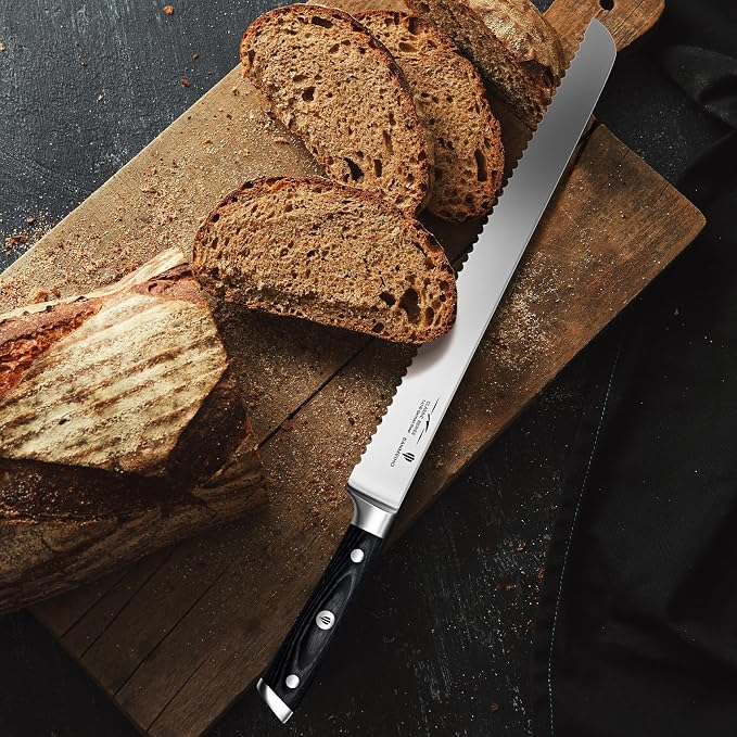 12" Bread Knife - Sourdough Slicing Knife Professional German 5Cr15MoV Stainless Steel Serrated Blade, Ergonomic Wood Handle & Full Tang Design, Gift Box Included (Single-Edge