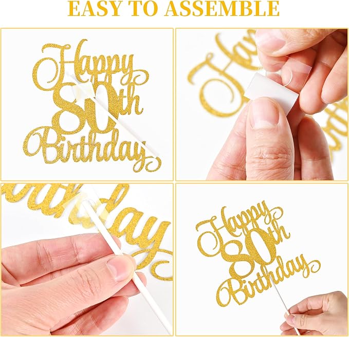 80th Birthday Cake Decorations, 80th Birthday Candles Cake Numeral Candles and Glitter Happy 80th Birthday Cake Toppers Set for Birthday Party Supplies (Gold)