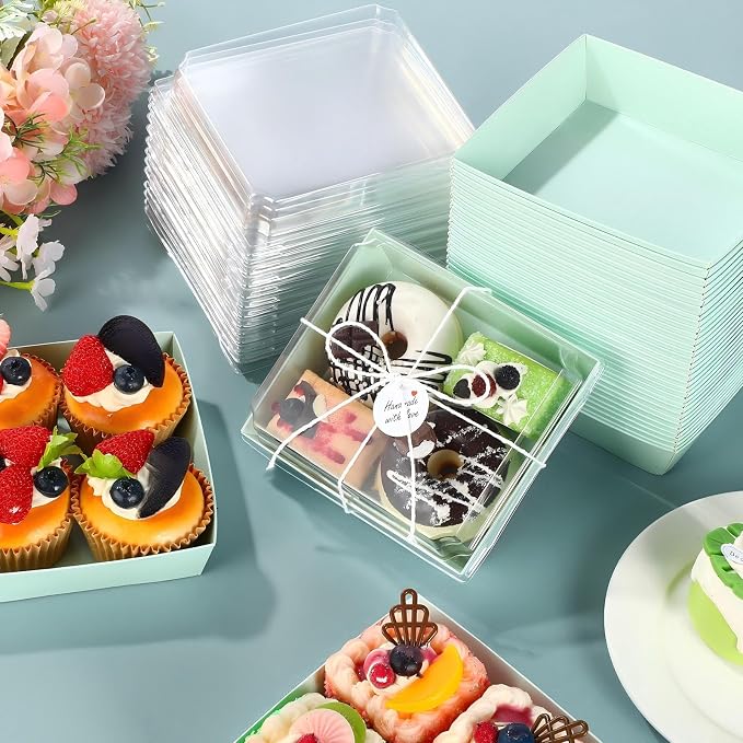Outus 100 Pack Charcuterie Boxes with Clear Lids, Paper Dessert Boxes to Go with Gift Tags Rope Disposable Party Treat Food Containers for Cookies, Donuts, Muffins, Salad, and Pastry