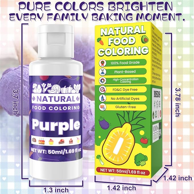 Purple Natural Food Coloring - 50ml Plant Based Food Dye, No FD&C & Artificial Dyes, Gluten-Free, Food-Grade, Vibrant Liquid Colors for Icing, Baking, Cake Decorating, Frosting, Fondant, Slime - 1.69 Fl.Oz Bottles