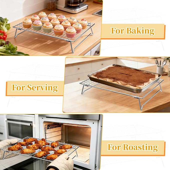 3-Tier Cookie Cooling Racks for Cooking & Baking, 304 Stainless Steel 13"x9" Stackable Wire Rack, Oven & Dishwasher Safe, Baking Rack for Oven, with Silicone Tongs