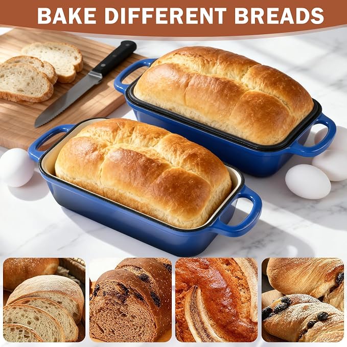 9 x 5 Inch Bread Pan Enameled Cast Iron Loaf Pan with Lid for Baking, 2 in 1 Non-stick Sourdough Bread Loaf Pan for Homemade Bread, Oven & Stovetop Safe for Gas, Electric & Induction, Blue