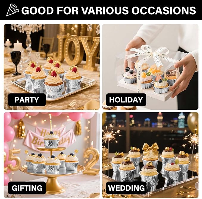 EUSOAR Silver Cupcake Liners, 100pcs 3.5oz Disposable Dessert Containers Muffin Ramekins, Mini Cheesecakes Cups Aluminum Foil Wrappers Paper Cupcake Holders for Birthday Wedding Bridal Party