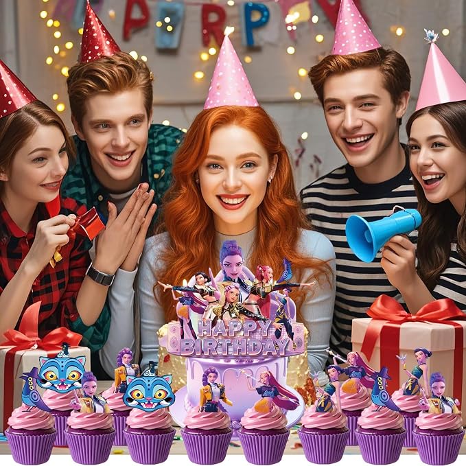 25 Pcs Anime Cake Decorations, Cute Happy Birthday Cake Toppers, You Will Receive 1 Cake Topper and 24 Cupcake Decorations.