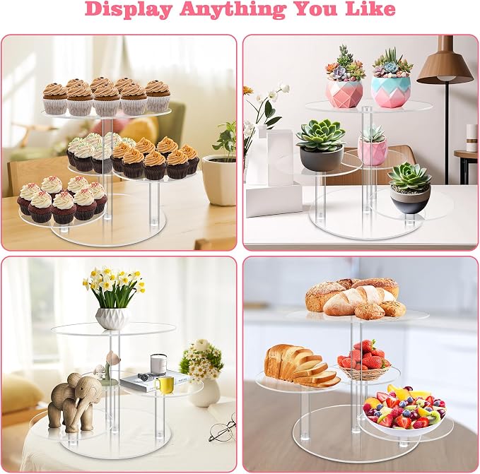 Cupcake Stand, 4 Tier Acrylic Cake Stand, Round Cake and Cupcake Stand Combo, Clear Tiered Cupcake Tower Stands for 50 Cupcakes, Cake Display Tree Stand for Wedding Birthday Party