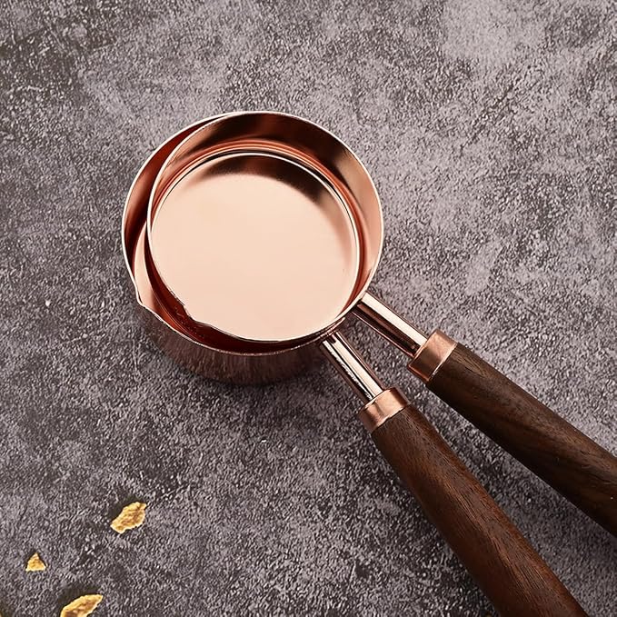 8 pieces Rose Gold Copper Measuring Cups Set and Measuring Spoons Set with Scale, BRIIEC Wooden Handle Stainless Steel Dry & Liquid Measuring Cup for Cooking Baking