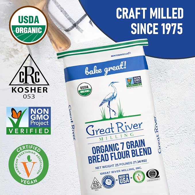 Great River Milling Organic 7 Grain Blend Bread Flour | Unbromated & Unbleached Flour | Non-GMO, Kosher | Stone Ground for Baking, Bread, Muffins & More | 25 Lb