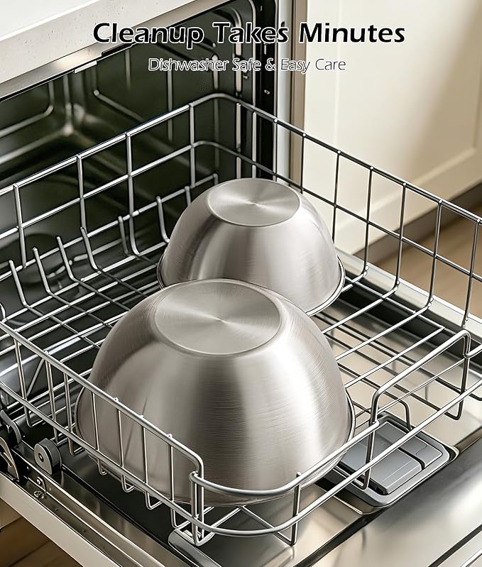 Stainless Steel Mixing Bowls Set of 4 with Colander, Nesting Metal Kitchen Bowls with Measurement Marks for Mixing, Prep, Salad & Baking, Dishwasher Safe