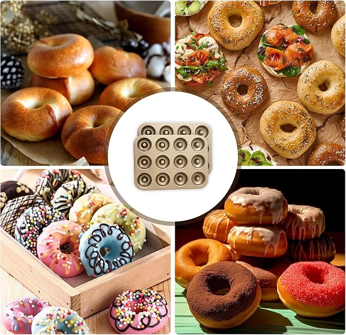 Donut Pans 2 Pack, Non-Stick 12-Cavity Donut Pan for Baking, Carbon Steel Doughnut Trays for Mini Bagels and Cake, Doughnut Bakeware Oven Baking (Gold)