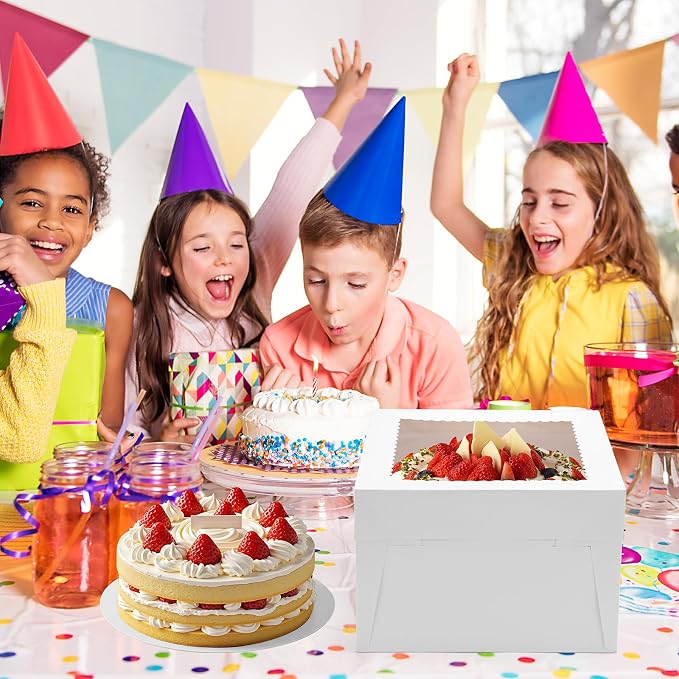 NEOACT 6 Pack Cake Boxes with Cake Boards,12x12x8 Inch White Bakery Boxes with Windown,Disposable Cakes Transport Container, Tall Cake Carrier Holder for Cakes, Pie, Cupcakes, Pastry