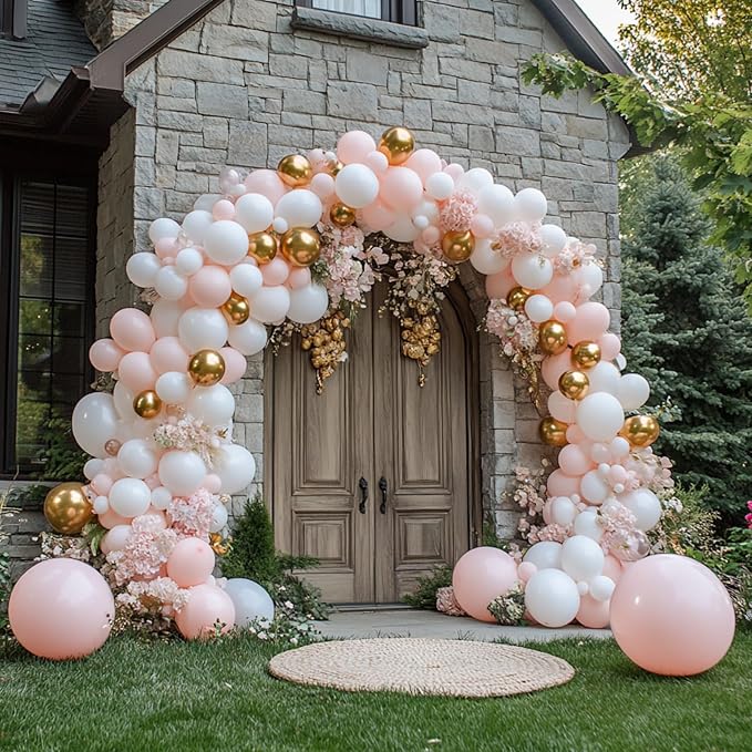 PartyWoo Pink and White Balloon Arch Kit Garland 140pcs Different Sizes of 18 12 10 5 Inch Light Pastel Baby Pink Metallic Gold Confetti White Balloons for Baby Shower Birthday Party Decorations