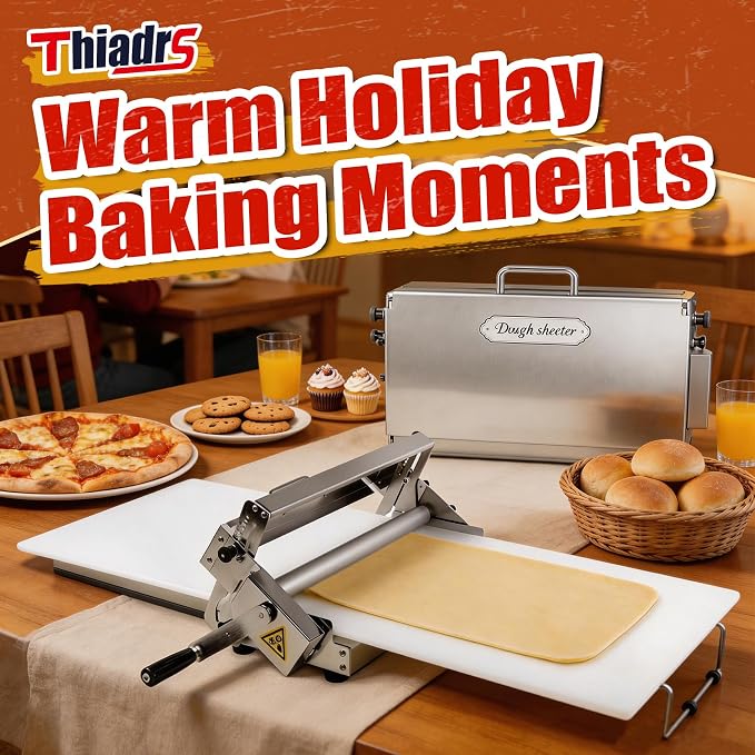 12in Manual Dough Sheeter, Stainless Steel Tabletop Dough Roller Machine, Adjustable Thickness Pastry Sheeter for Pizza, Croissant, Puff Pastry, Fondant and Home Baking