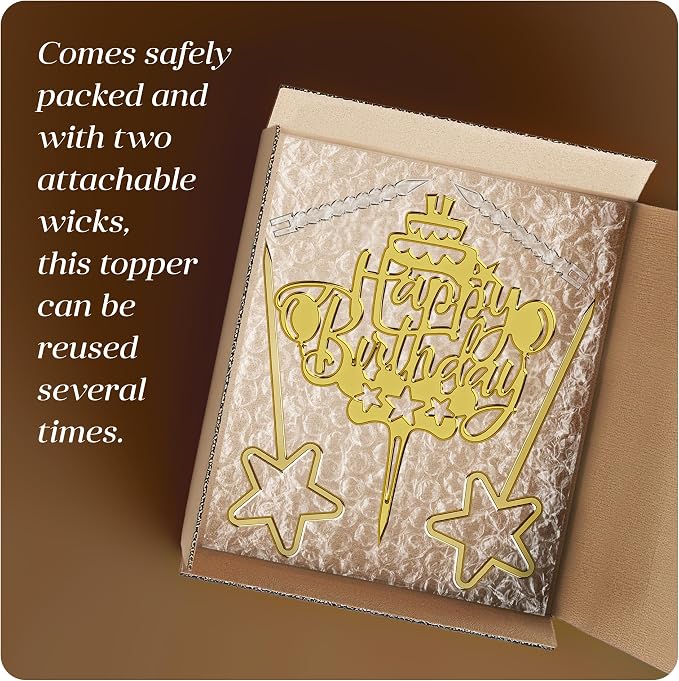 Happy Birthday Acrylic Cake Topper Candle, Gold, with 2 Star Decorations