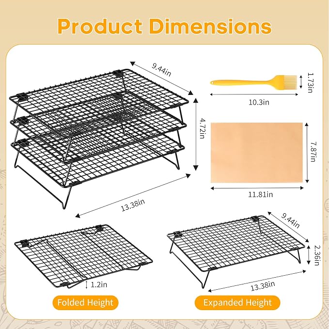 3 Layer Detachable Collapsible Cooling Racks, 13 x 9 Inch Cooling Wire Rack Stackable Drying Rack Cookie Rack Bread Cooling Rack with Pastry Brush & 50 Parchment Paper Sheets