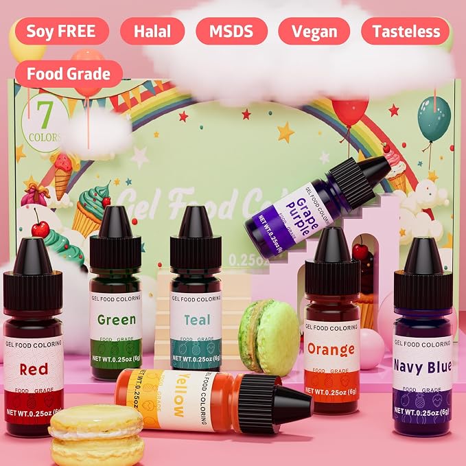 Gel Food Coloring Rainbow Edible Food Dye Set for Baking Royal Icing Cookie Supplies Gluten Free 7x6g Food Grade Liquid Food Color Kit, 0.25 Fl. Oz/Bottles