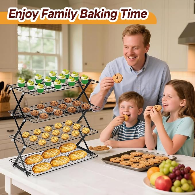 4-Tier Collapsible Cooling Rack with Adjustable 3 Setting Design Cooling Racks for Cooking and Baking Stackable Roasting Cooking Drying Wire Cooling Rack Suitable for Baking Enthusiasts and Beginners