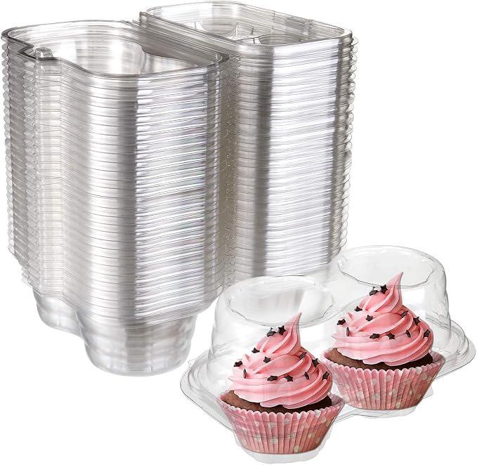 Bekith 60 Count 2-Compartment Plastic Cupcake Containers Disposable with Connected Airtight Lid, Clear Stackable Deep Dome Cupcake Carrier Holder Box for Cupcakes, Muffins, BPA Free