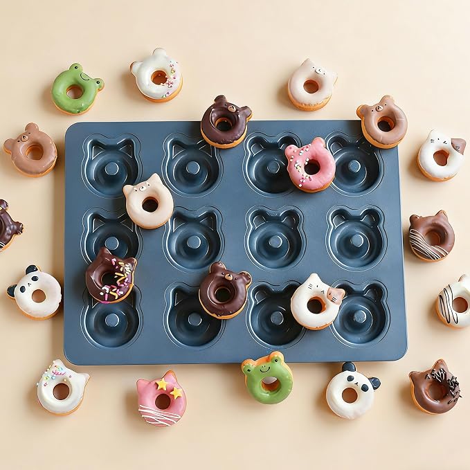 Donut Pans, 2" Non-Stick Cat & Bear-Shaped Donut Mold Cake Pan, 12 Cup Carbon Steel Doughnut Pan for Home Baking
