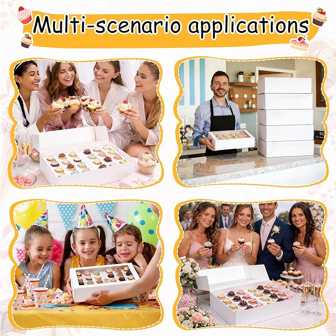 Fuutreo 5 Pack Mini White Cupcake Boxes with Window 16 x 11 x 4 Inches 24 Count Auto Pop up Large Cookie Boxes Cupcake Containers with Thank You Label Stickers for Muffins Pastries Donuts Cookies