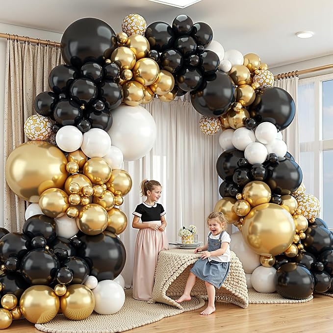 412Pcs Black and Gold Balloons,18 12 10 5 Inch Different Size Black White Metallic Gold Latex Balloons for Graduation Birthday Wedding Party Decorations
