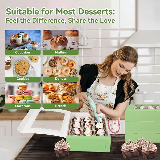 3-Set Cupcake Boxes Bulk with Clear Display Window Hold 12 Standard Cupcakes, Disposable Food Grade Green Cupcake Carrier Cupcake Container, Perfect for Cupcakes Muffins Cookies Pastries