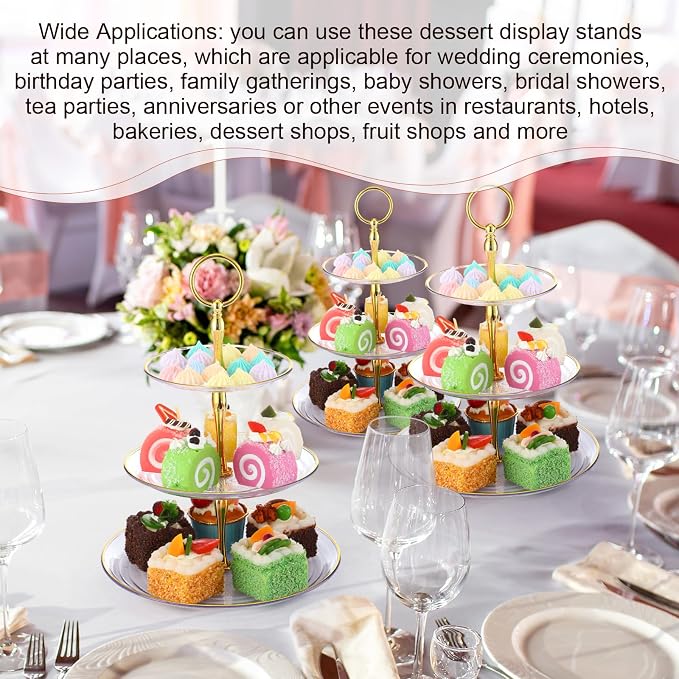 Teenyyou 8 Pack 3 Tier Cupcake Stand Bulk Tiered Dessert Stand Thick Plastic Serving Tray with Gold Edges Dessert Table Display Set Tea Cake Holder for Wedding Birthday Party(Clear,Round)