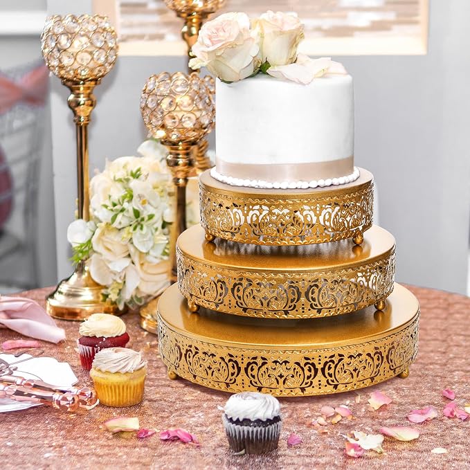 SOUJOY 3 Pack Metal Gold Cake Stand, 12/10/8 Inch Round Cupcake Stands, Dessert Table Display Set for Wedding, Party, Birthday, Event, Anniversary, Celebration, Table Decoration