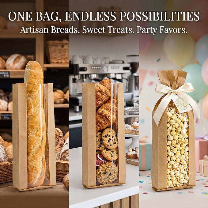 150 Pack Paper Bread Bag with Window, 18"x7"x2" Long French Bread Bag, Brown Kraft Baguette Bags, Loaf Storage Packing Sacks Biscuits Packaging for Homemade, Bakery, Coffee Bar