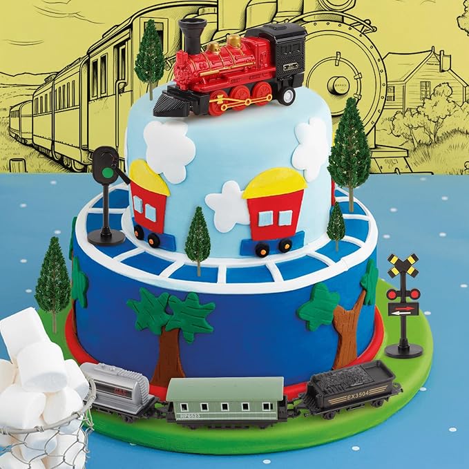 Hooqict 12Pcs Train Cake Topper Birthday Party Decorations Train Cake Decorations Set with Mini Railroad Track, Traffic Light, Railroad Crossing Sign Cake Toppers for Kids Boys Birthday Party Supplies