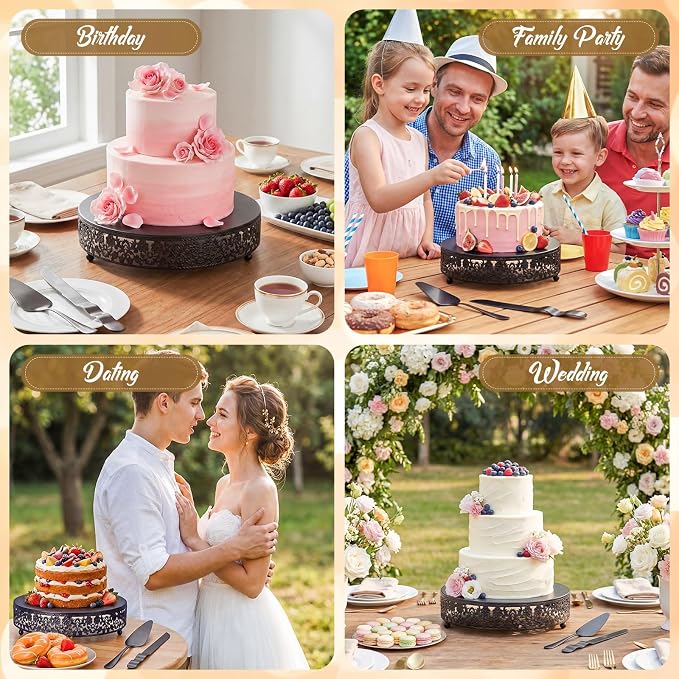 Wenqik 12 Inch Black Cake Stand Set Metal Round Cupcake Dessert Stand with Cake Cutting, Flower Spatula Wedding Cupcake Pastry Display Candy Holder Display for Wedding Party Birthday Baby Shower