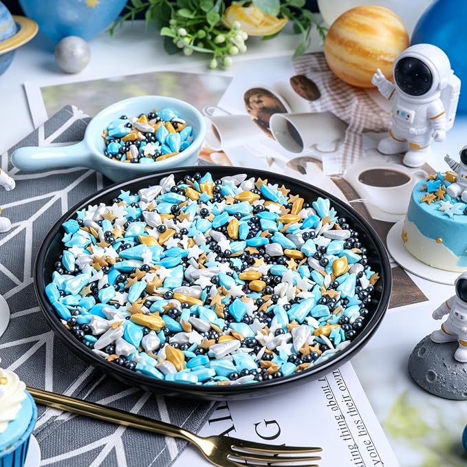 Space themed Sprinkles for Cake Decorating, Rocket, Planet, Star & Pearl Sugar Mix for Baking Cupcakes, Cookies, Donuts & Ice Cream, Birthday Party Supllies
