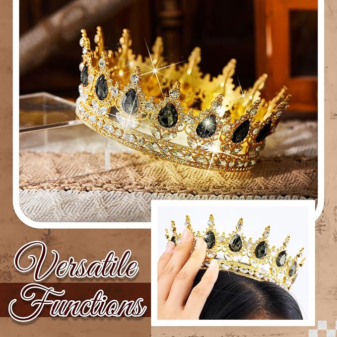 8 Pcs Gold and Black Queen Crown Cake Topper for Women, Happy Birthday Cake Toppers Foam Balls Rhinestone Crystal Tiara Wedding Decoration for Princess Party Photo Props