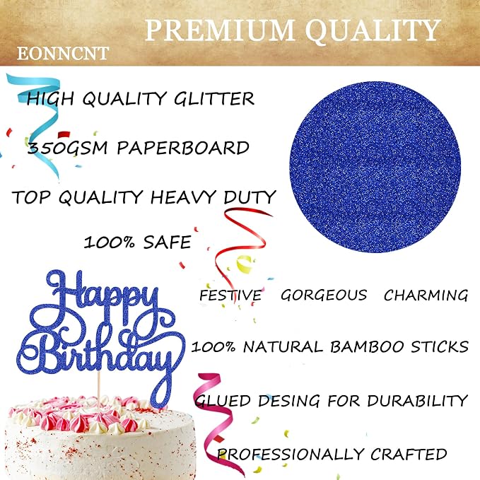 Happy Birthday Cake Topper - Royal Blue Glitter Birthday Party Cake Decoration Supplies, Photo Booth Props