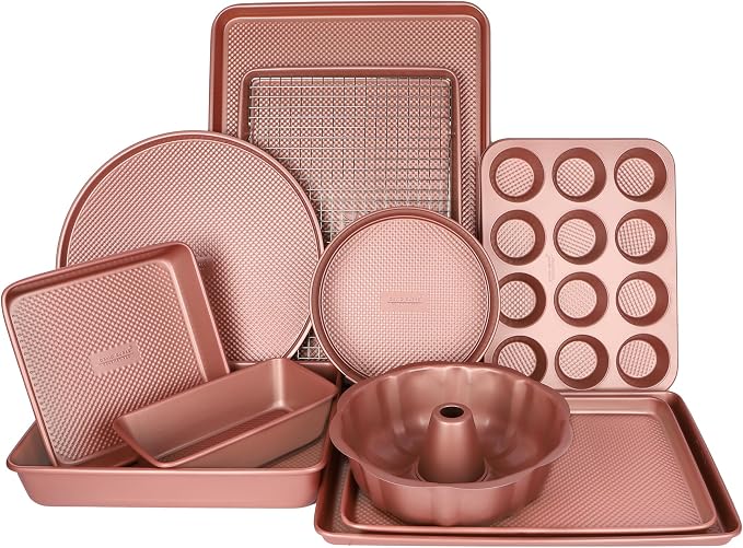 David Burke 12-Cup Muffin Pan, Carbon Steel, PFTE & PFOA Free, Oven Safe, Diamond Textured Surface – Rose Gold