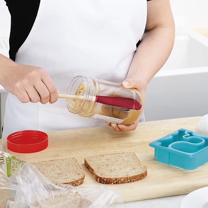 Tovolo Flex Core Jar Scraper With Wood Handle Long Silicone Spatula For Peanut Butter Jelly Jars, Heat Resistant BPA Free Long Handle Jar Spatula for Scraping Spreading Cayenne Red