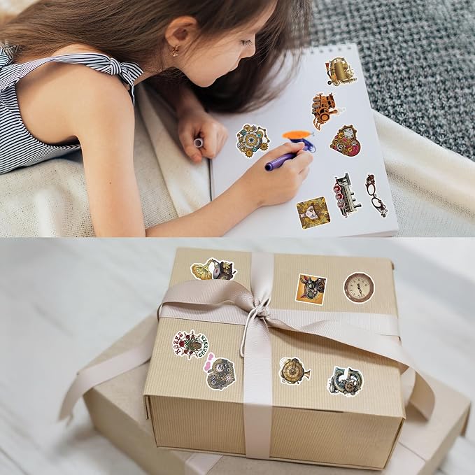75 Pcs Steampunk Stickers for Scrapbooking, Waterproof Vinyl Vintage Gear Clockwork Industrial Stickers for Laptops Water Bottles Journals, Decorative Decals for Teens Students Adults