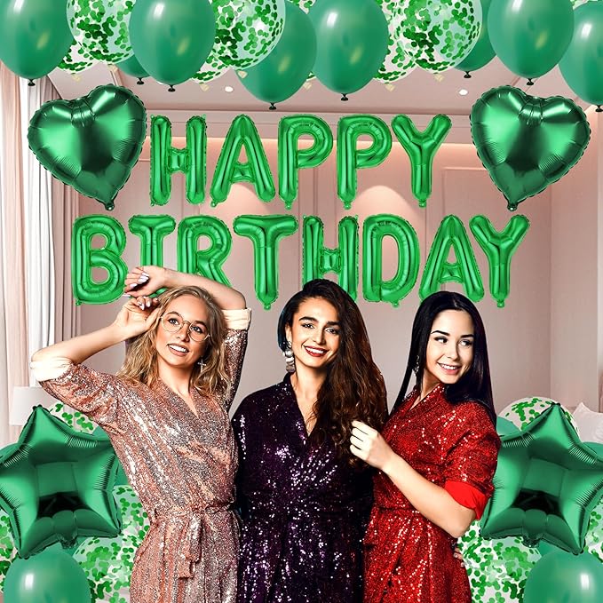 Green Happy Birthday Balloons Decorations Green Birthday Balloon Letters Banner with Star Heart Balloons 1000 Pcs Artificial Rose Petals 24 Flameless LED Candles for Hotel Birthday Party Supplies