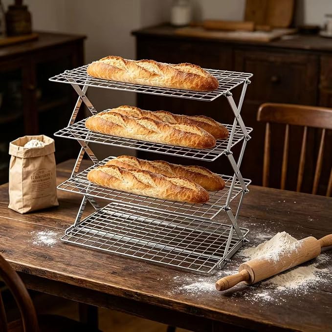 4-Tier Collapsible Cooling Rack-Adjustable Stackable Non-Stick Wire Rack for Baking,for Baking, Roasting, Cookies, Cakes, Drying, Picnic & BBQ,Silver
