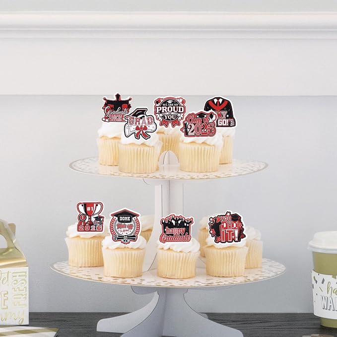 60 PCS Edible 2026 Graduation Cupcake Toppers Diploma Congrats Grad Cap Class of 2026 Cake Decorations Edible 2026 Graduation Decorations for 2026 Graduate Party Cake Decorations Supplies Black Red