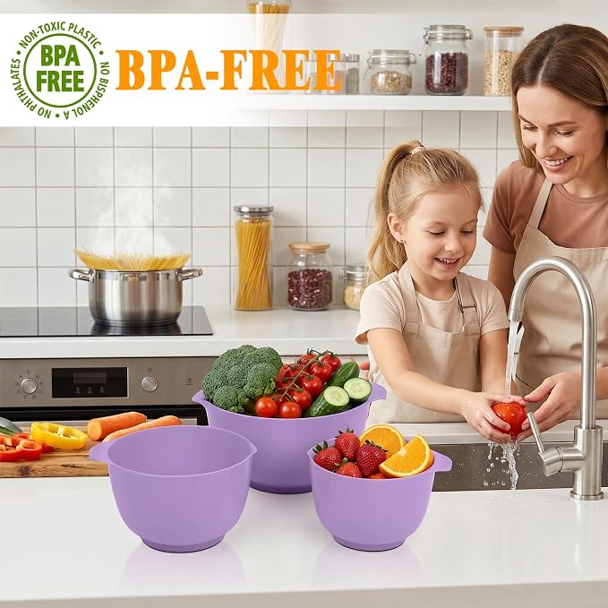 BoxedHome Nesting Plastic Mixing Bowl Set, 4 Piece Mixing Bowl Set with Pour Spouts, Size 1.7, 2.5, 3.5 and 4.5qt, for Prepping, Mixing, Baking, Cooking(2023 New Version, Purple)