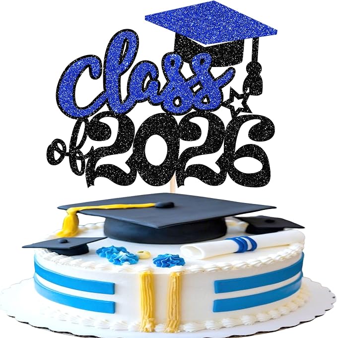 1 Pack 2026 Graduation Cake Topper Glitter Grad Cap Diploma Cake Decorations 2026 Senior Graduation Cake Pick for 2026 School Graduation Theme Party Cake Decoration Supplies Blue